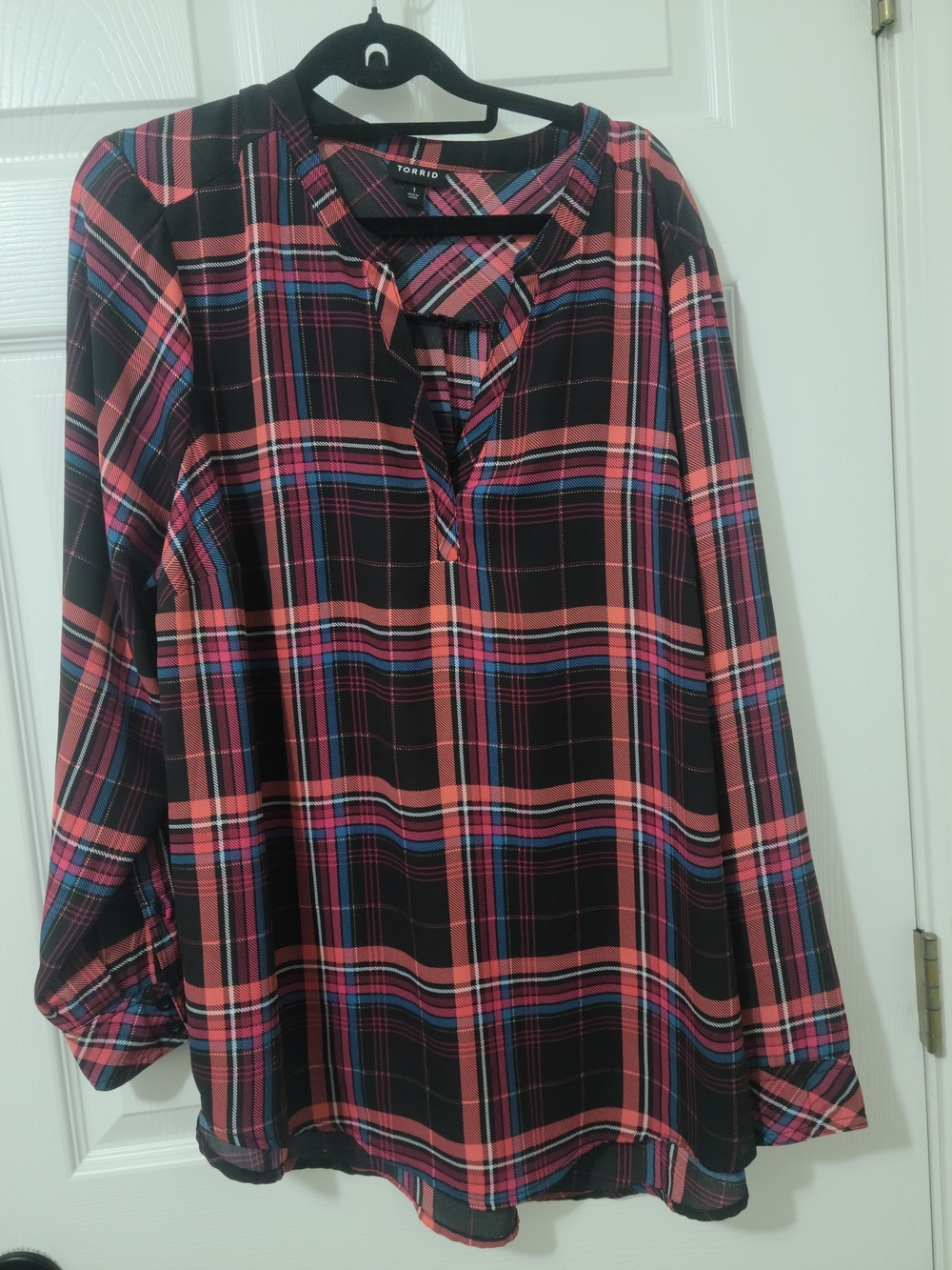 torrid Black Plaid Split-Neck Tunic with Pink & Blue Stripes